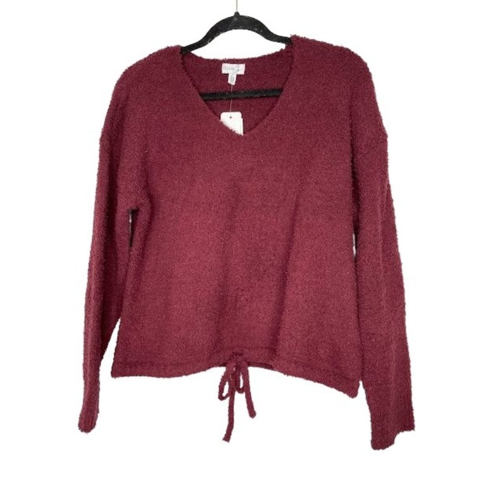 NWT Olivia Sky Maroon Drawstring Hem V Neck Sweater